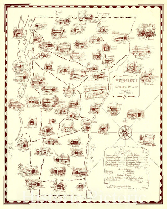 Map : Vermont 1946, Vermont covered bridges, June 1, 1946 , Antique Vintage Reproduction