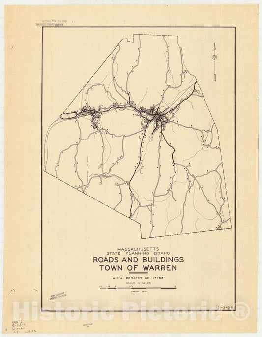Map : Warren, Massachusetts 1939 1, Town of Warren , Antique Vintage Reproduction
