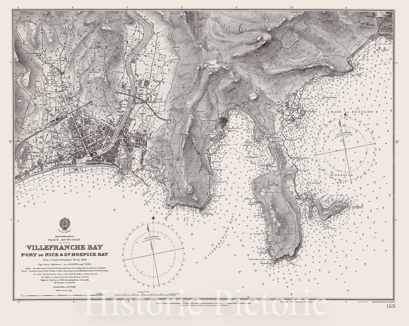 Map : France, south coast 1909, Mediterranean, France, south coast, Villefranche Bay, Port of Nice & St. Hospice Bay , Antique Vintage Reproduction
