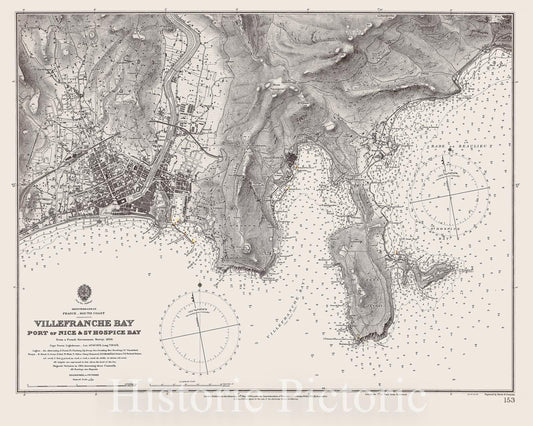 Map : France, south coast 1909, Mediterranean, France, south coast, Villefranche Bay, Port of Nice & St. Hospice Bay , Antique Vintage Reproduction