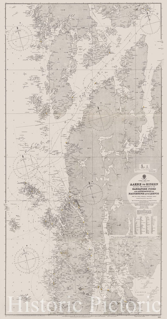 Map : Norway, west coast 1909, Norway, west coast, Aakre to Hisken, including the entrance to the Hardanger Fiord and approaches to Haugesund and Lervig