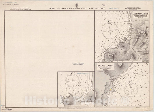 Map : Italy, west coast 1890, Ports and anchorages on the west coast of Italy , Antique Vintage Reproduction