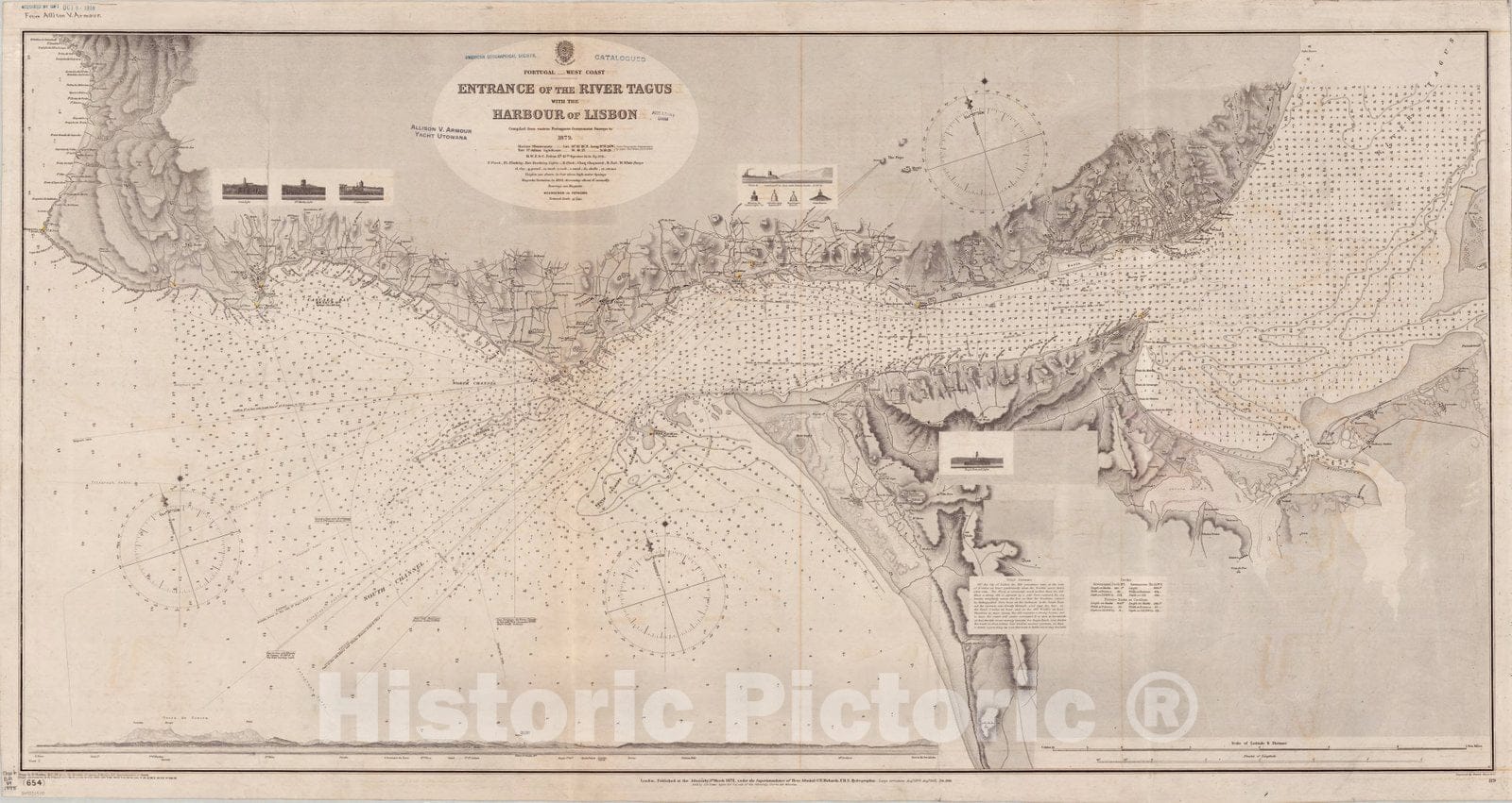 Map : Portugal, west coast 1898, Portugal, west coast, entrance of the River Tagus with the Harbour of Lisbon , Antique Vintage Reproduction