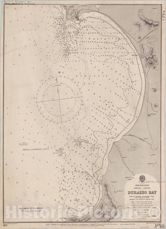 Map : Albania coast 1900, Mediterranean, Adriatic, Albania, Durazzo Bay , Antique Vintage Reproduction