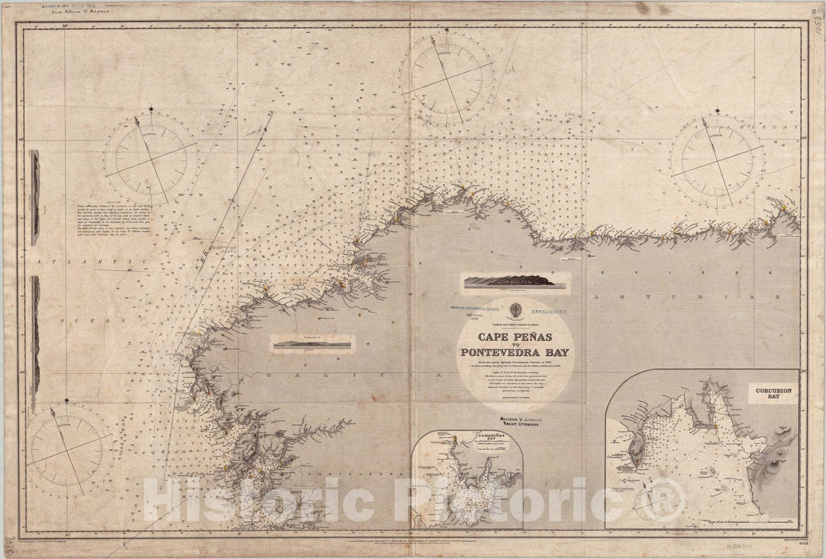 Map : Spain, north and west coasts 1896, North and west coasts of Spain, Cape Penas to Pontevedra Bay , Antique Vintage Reproduction