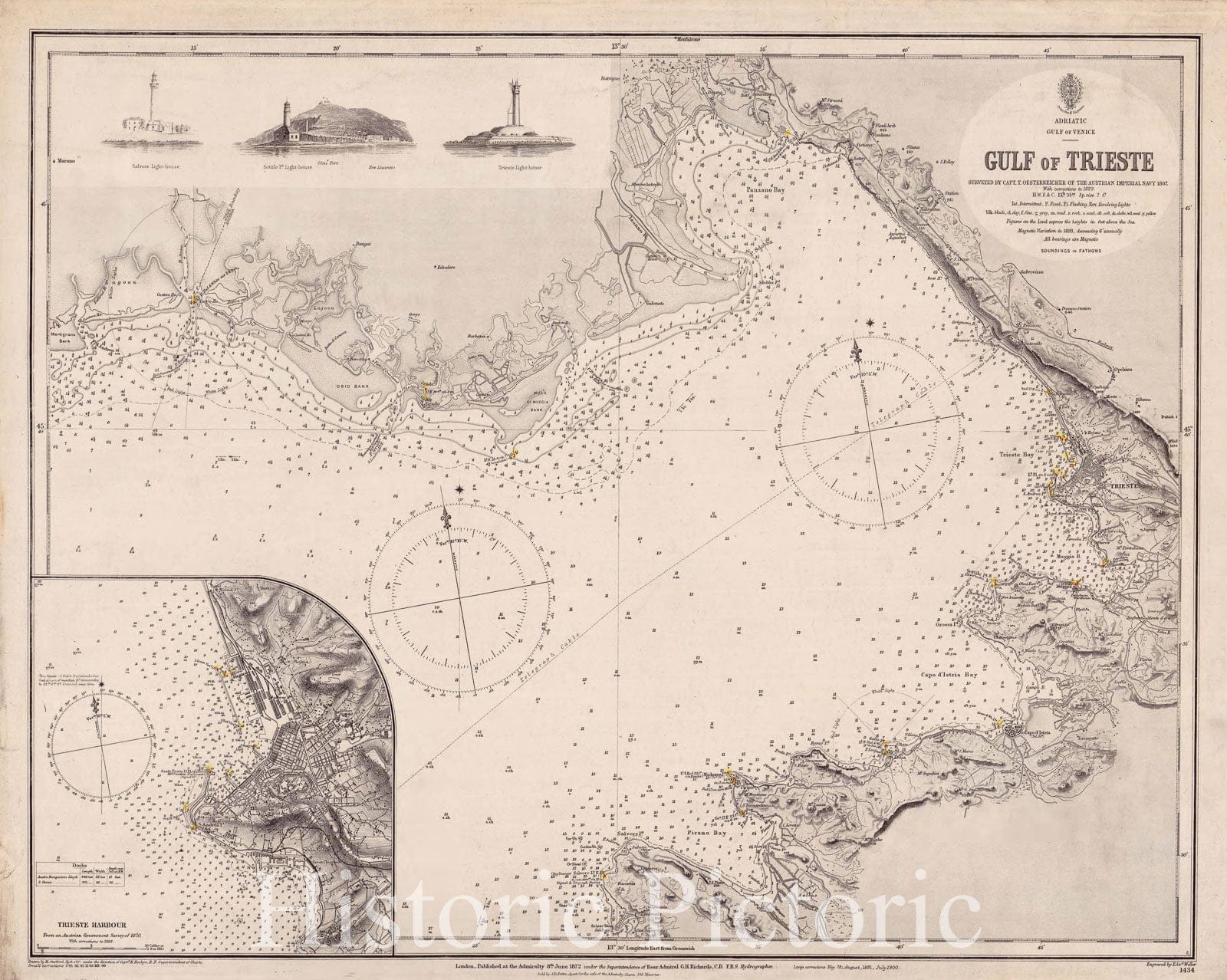 Map : Trieste, Gulf of, Italy 1900, Adriatic, Gulf of Venice, Gulf of Trieste , Antique Vintage Reproduction