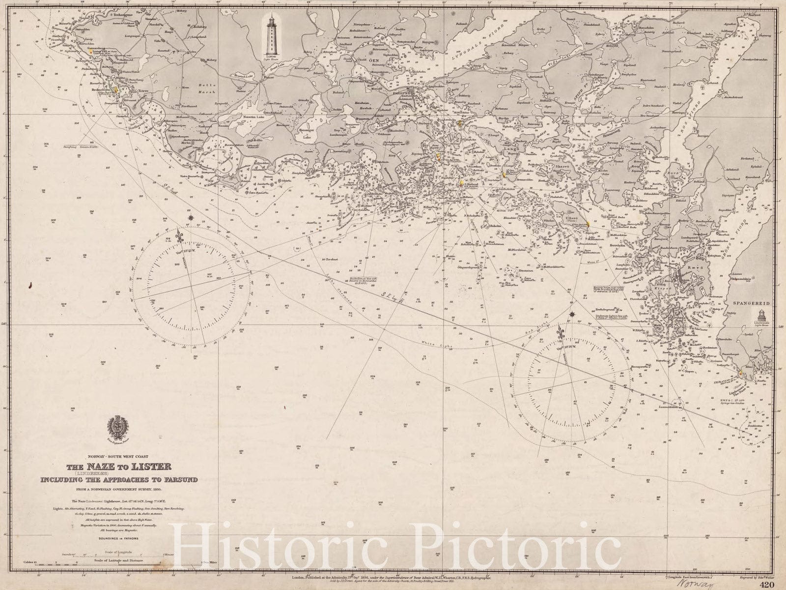 Map : Norway, southwest coast 1896, Norway, south west coast, the Naze (Lindesnaes) to Lister, including the approaches to Farsund , Antique Vintage Reproduction