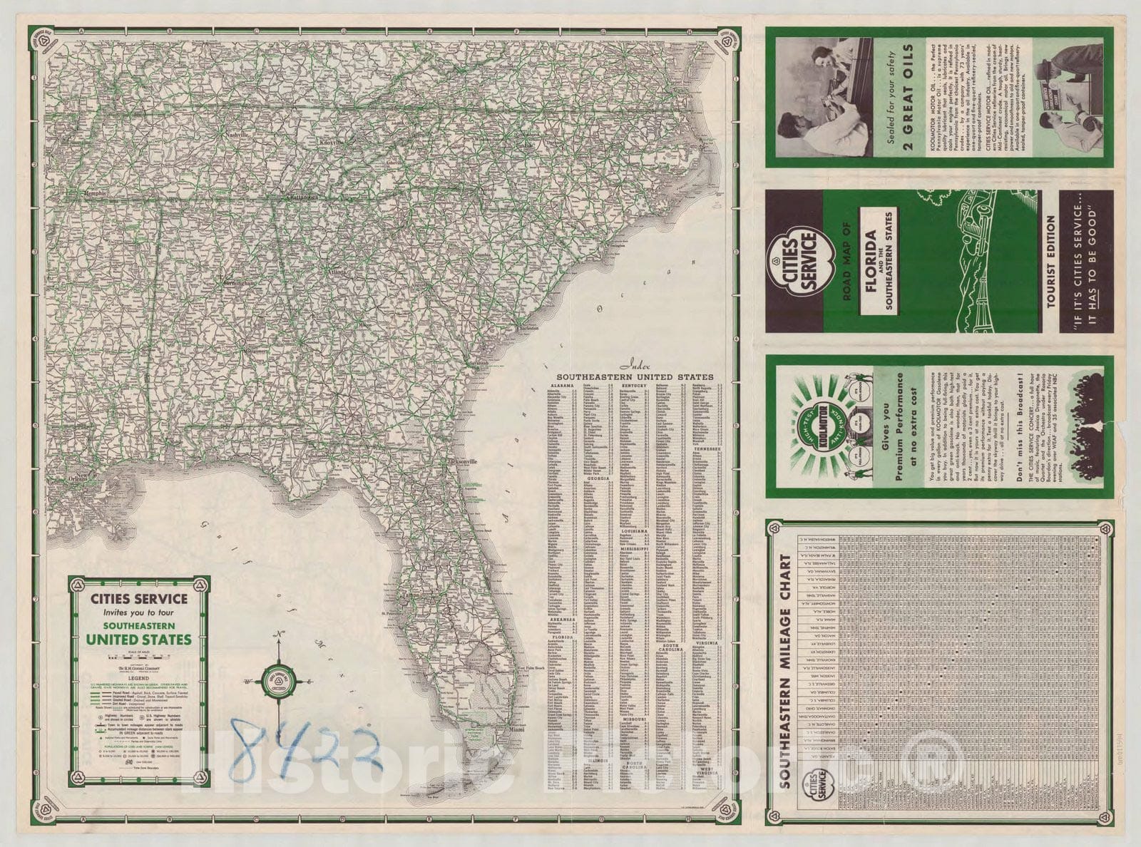 Map : Florida 1935 2, Road map of Florida and the Southeastern States , Antique Vintage Reproduction