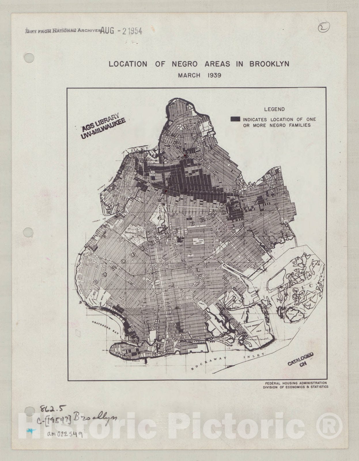 Map : Brooklyn, New York 1939, Location of Negro areas in Brooklyn, March 1939 , Antique Vintage Reproduction