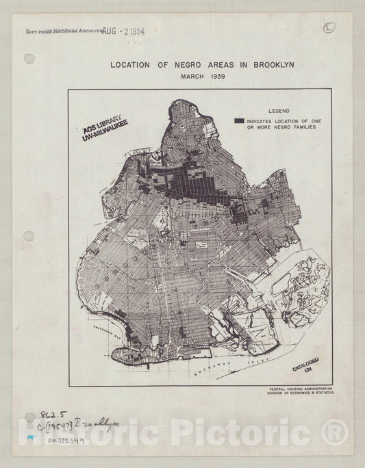 Map : Brooklyn, New York 1939, Location of Negro areas in Brooklyn, March 1939 , Antique Vintage Reproduction