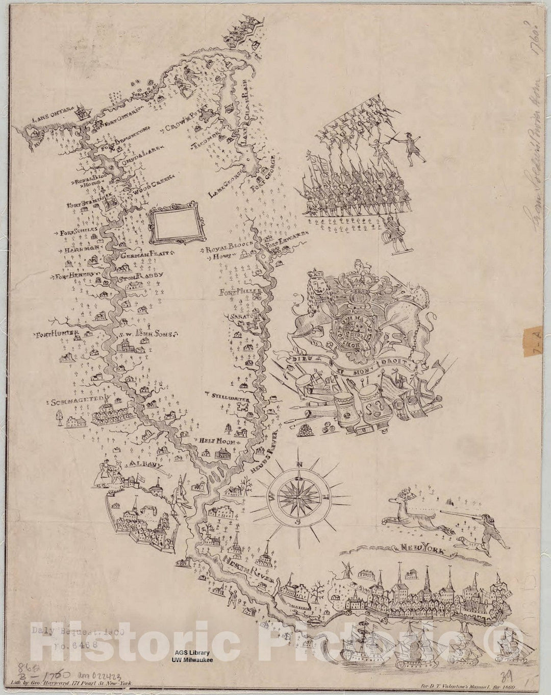 Map : New York 1775 1860, [Map of the state of New York, engraved on a powder horn], Antique Vintage Reproduction
