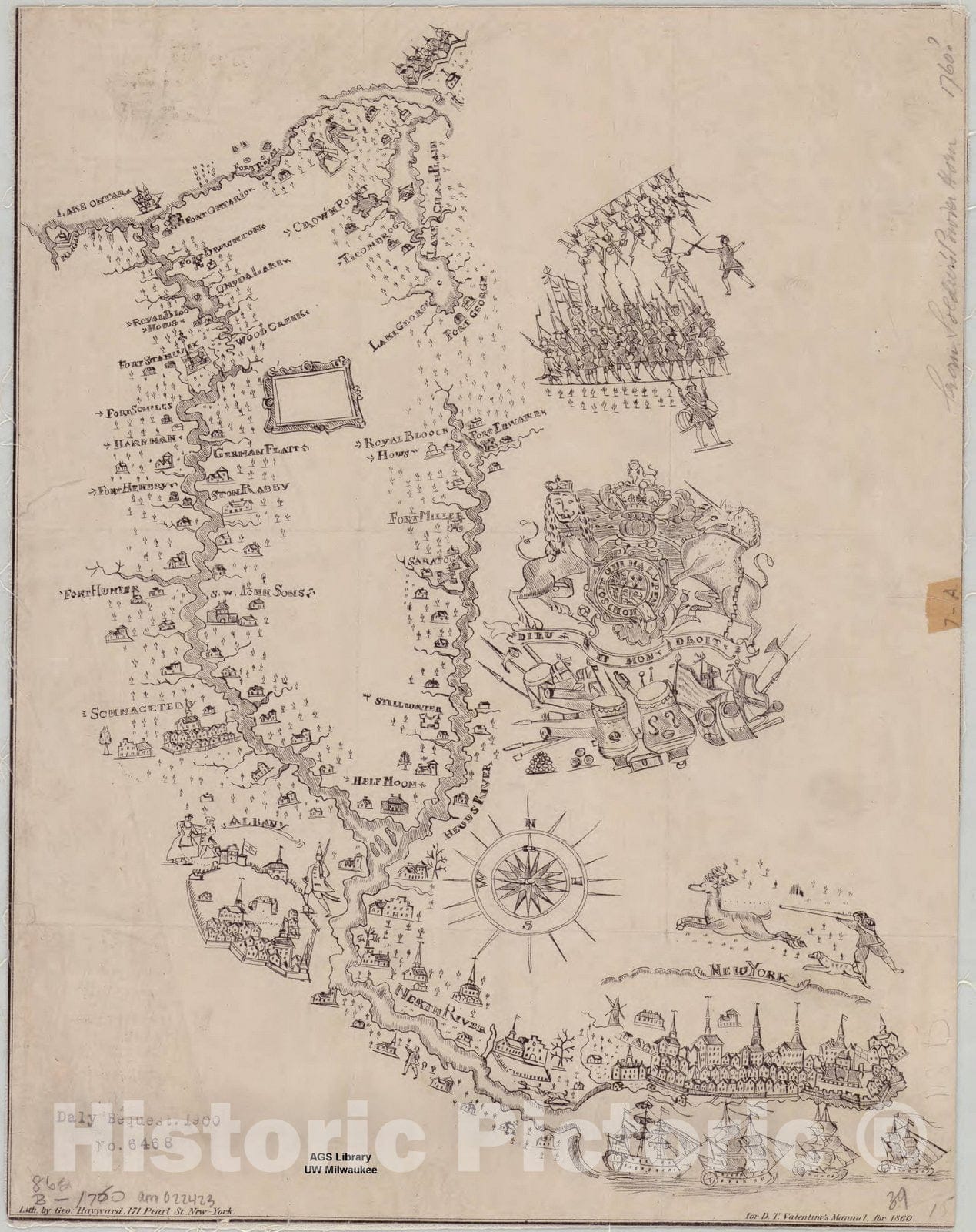 Map : New York 1775 1860, [Map of the state of New York, engraved on a powder horn], Antique Vintage Reproduction