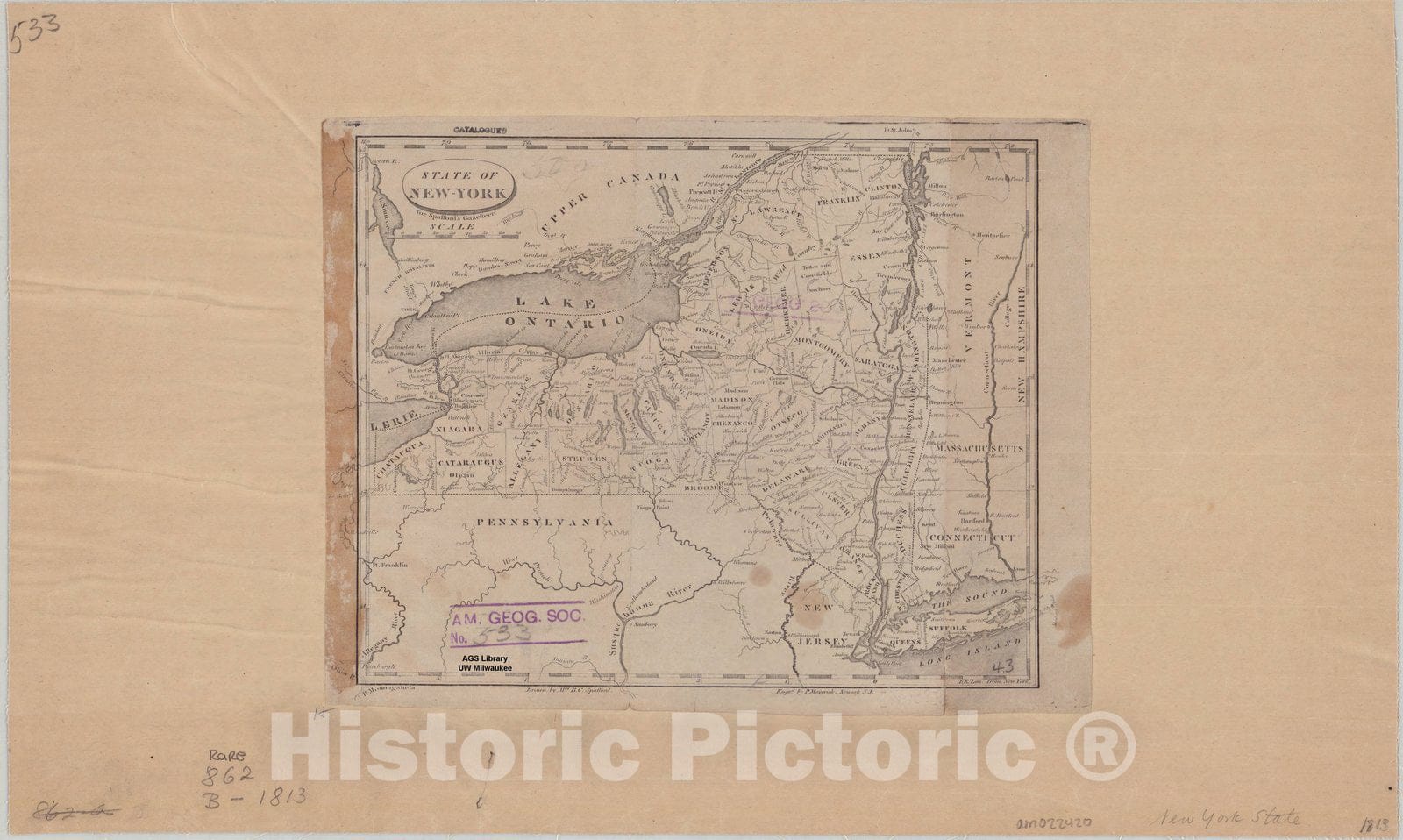 Map : New York 1813, State of New-York for Spafford's gazetteer , Antique Vintage Reproduction