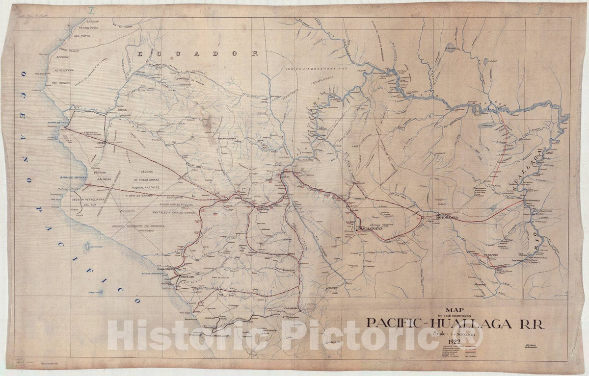Map : Huallaga River Valley, Peru 1922, Map of the proposed Pacific-Huallaga R.R. scale : 1, 500,000 1922, Antique Vintage Reproduction
