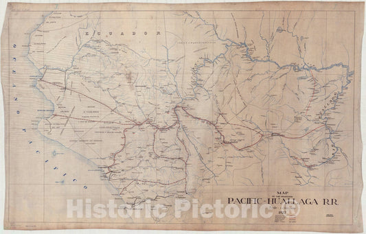 Map : Huallaga River Valley, Peru 1922, Map of the proposed Pacific-Huallaga R.R. scale : 1, 500,000 1922, Antique Vintage Reproduction