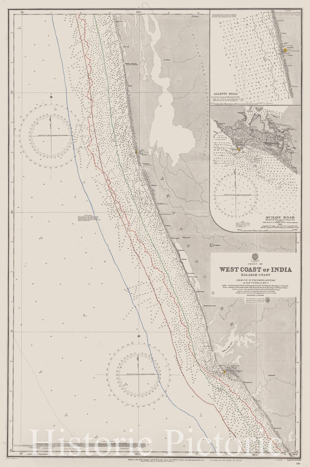 Map : Malabar Coast, India 1914 1, Sheet XIII, west coast of India, Malabar Coast, from Anjengo to Cape Comorin , Antique Vintage Reproduction