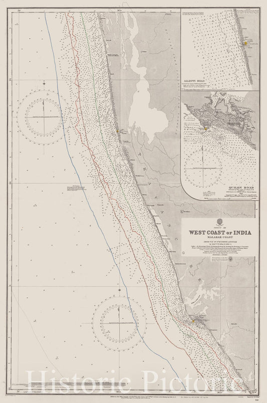 Map : Malabar Coast, India 1914 1, Sheet XIII, west coast of India, Malabar Coast, from Anjengo to Cape Comorin , Antique Vintage Reproduction