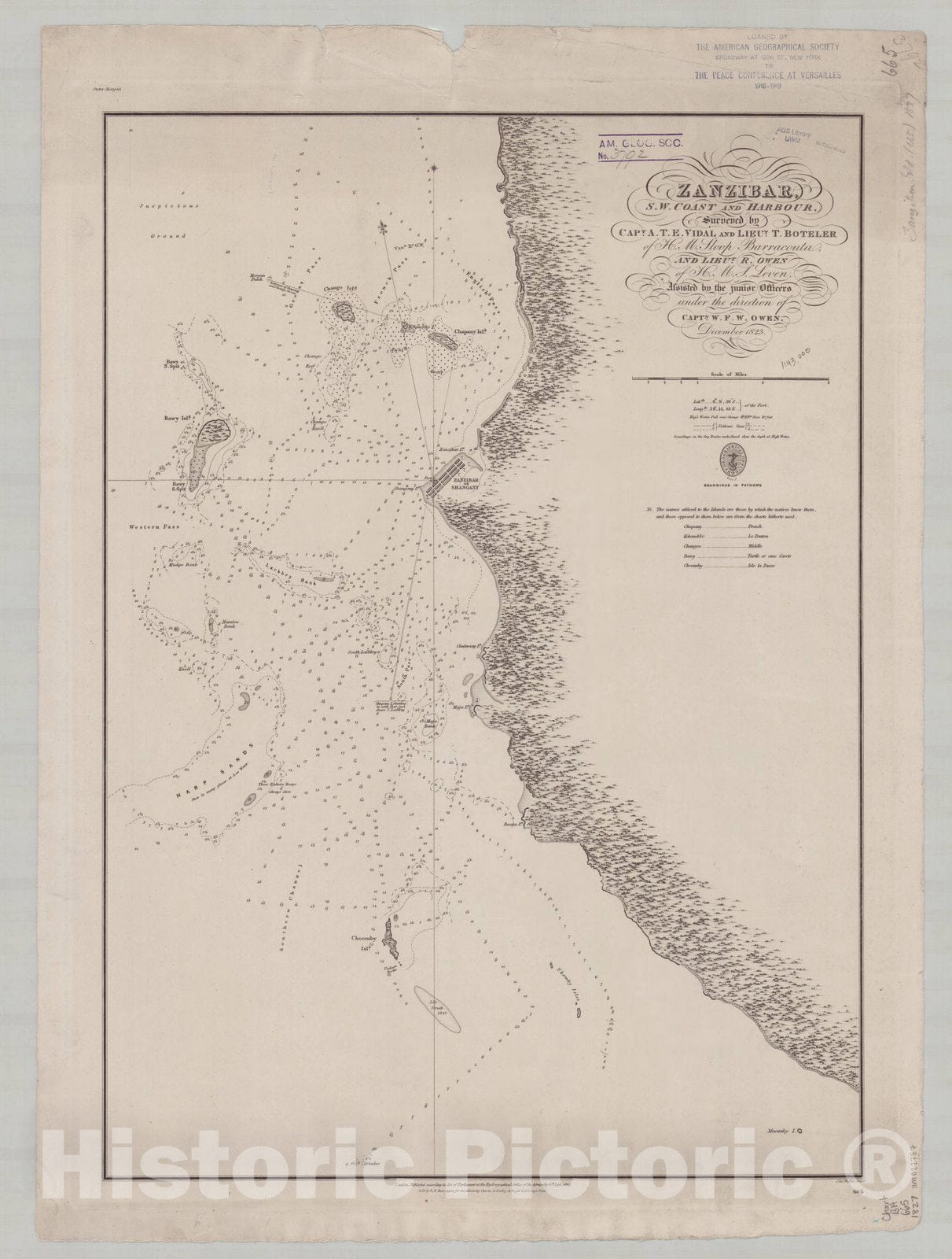 Map : Zanzibar 1827, Zanzibar, s.w. coast and harbour , Antique Vintage Reproduction