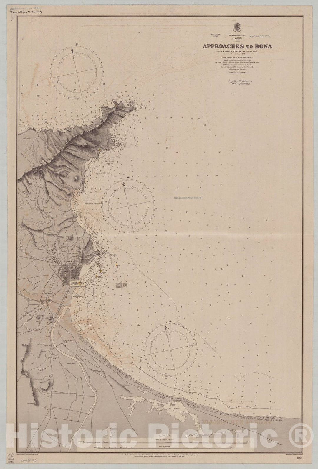 Map : Algeria coast 1896, Mediterranean, Algeria, approaches to Bona , Antique Vintage Reproduction