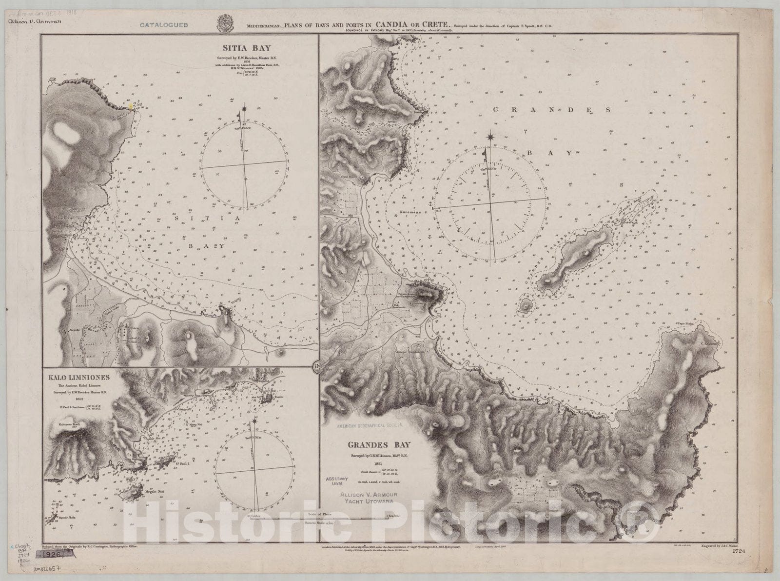 Map : Greece 1906, Mediterranean, plans of bays and ports in Candia or Crete , Antique Vintage Reproduction