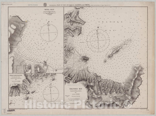 Map : Greece 1906, Mediterranean, plans of bays and ports in Candia or Crete , Antique Vintage Reproduction