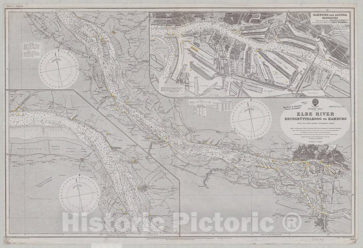 Map : North Sea 1911, North Sea, Elbe River, Brunsbuttelkoog to Hamburg , Antique Vintage Reproduction