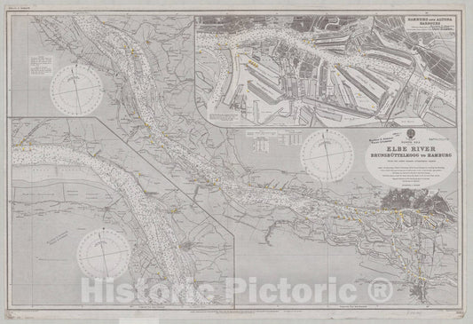 Map : North Sea 1911, North Sea, Elbe River, Brunsbuttelkoog to Hamburg , Antique Vintage Reproduction