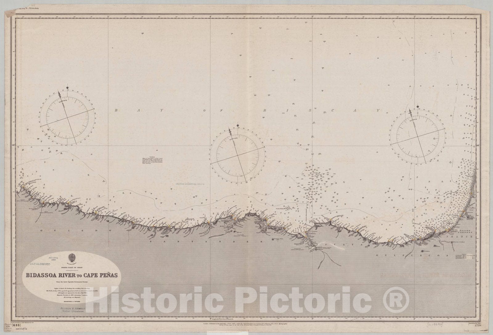 Map : Spain, north coast 1901, North coast of Spain, Bidassoa River to Cape Penas , Antique Vintage Reproduction