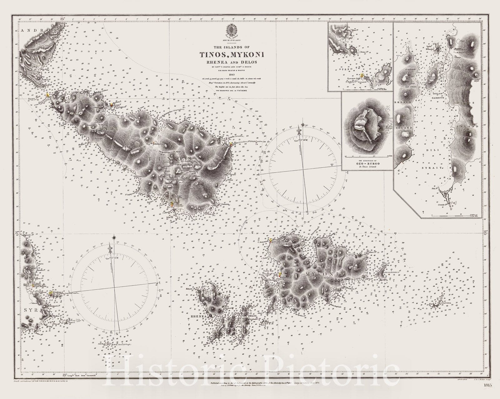 Map : Greece 1910, Archipelago, the Islands of Tinos, Mykoni, Rhenea and Delos , Antique Vintage Reproduction