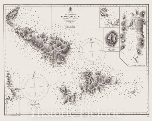 Map : Greece 1910, Archipelago, the Islands of Tinos, Mykoni, Rhenea and Delos , Antique Vintage Reproduction