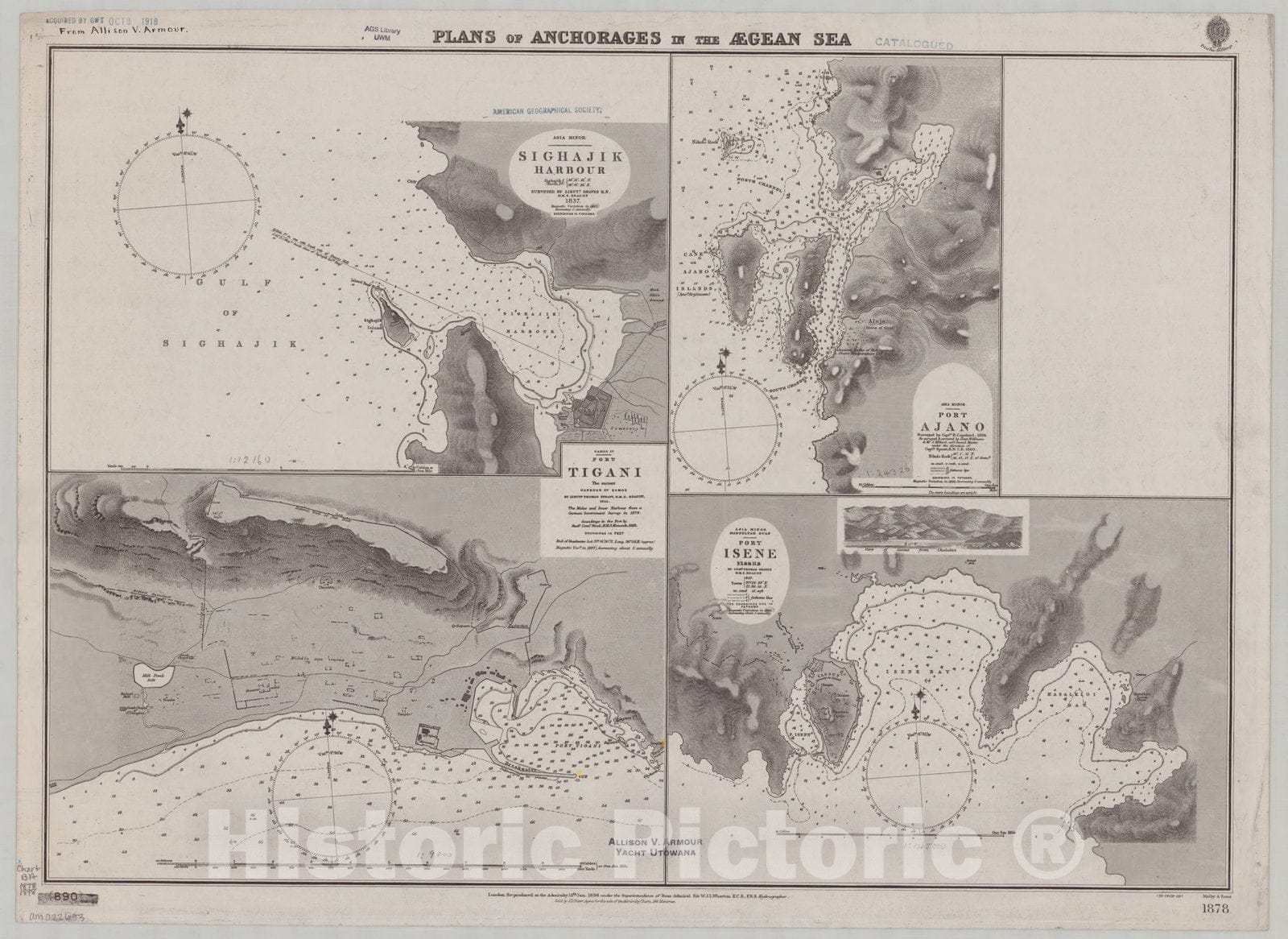 Map : Aegean Sea 1898, Plans of anchorages in the Aegean Sea , Antique Vintage Reproduction