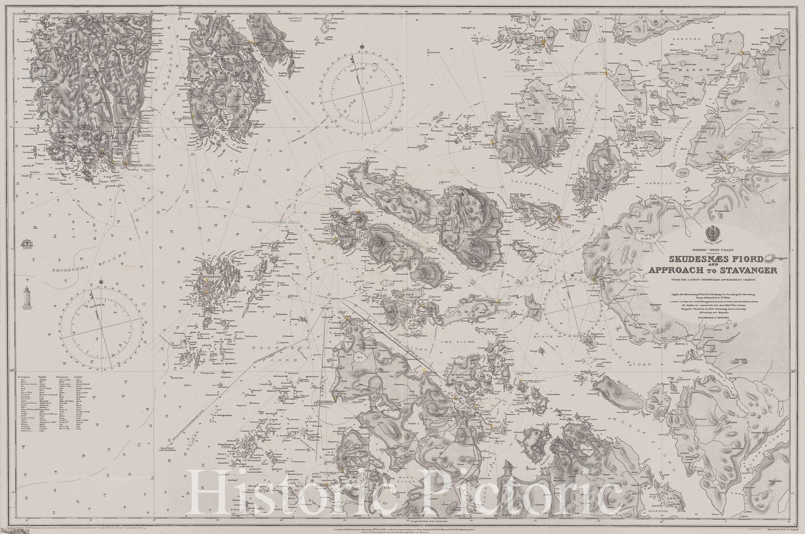 Map : Norway, west coast 1909, Norway, west coast, Skudesnaes Fiord, approach to Stavanger , Antique Vintage Reproduction