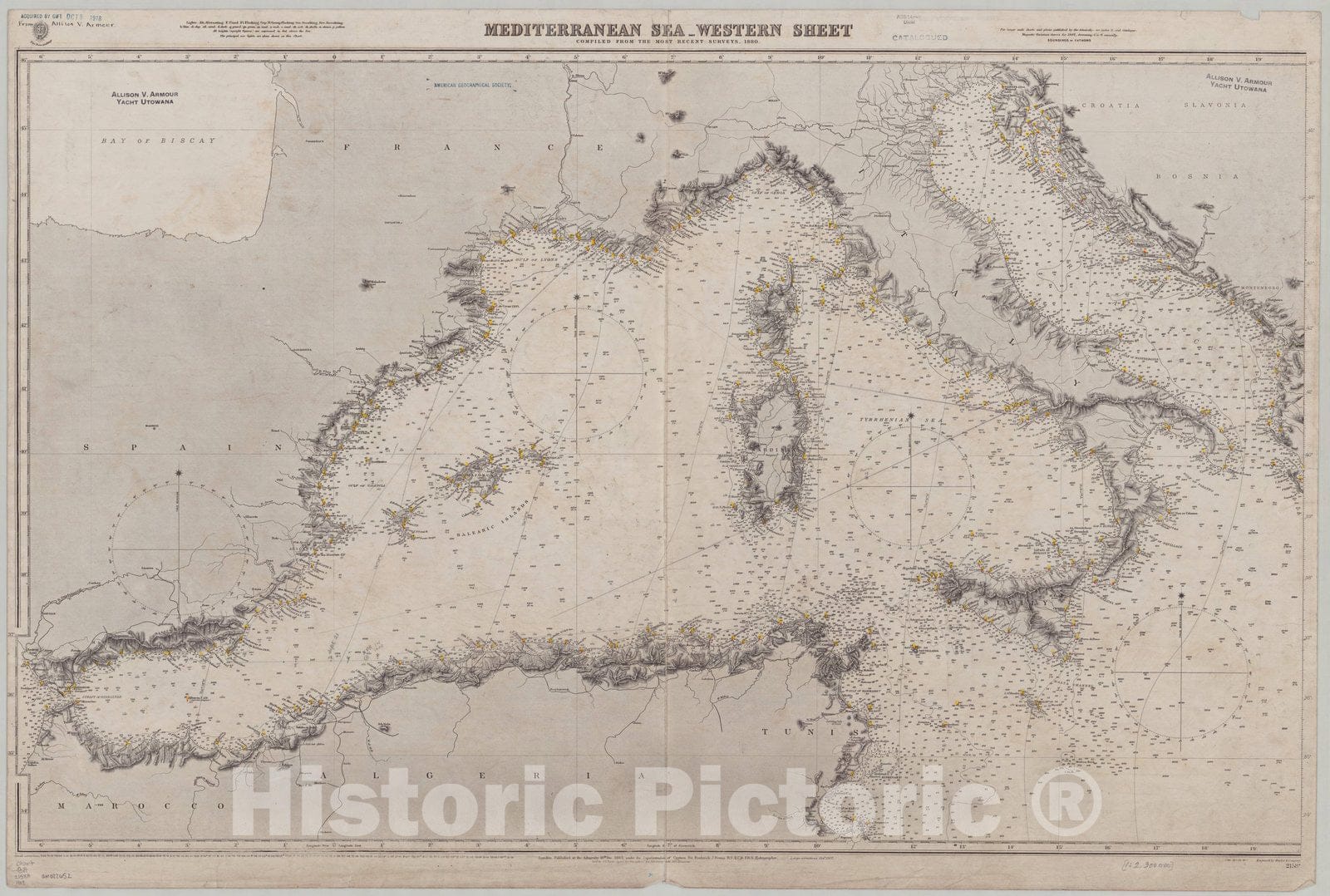 Map : Mediterranean Sea, west 1909, Mediterranean Sea, western sheet , Antique Vintage Reproduction