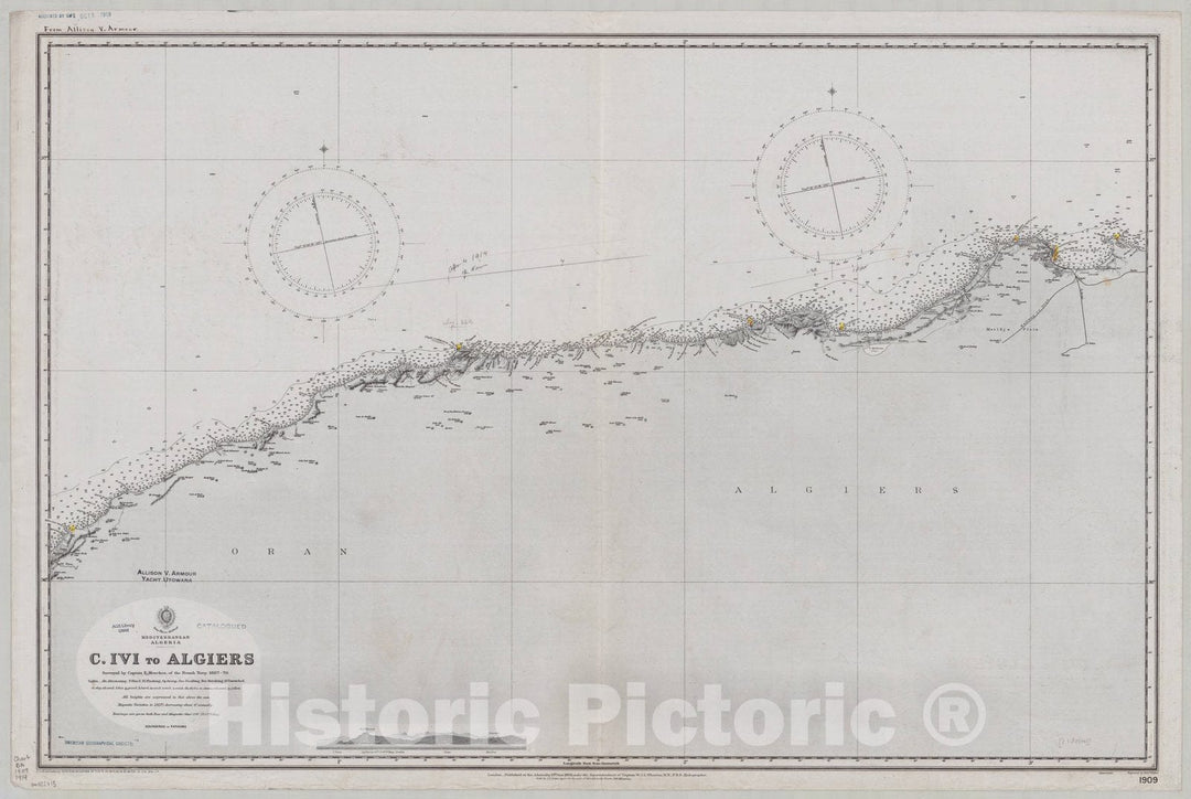 Map : Algeria coast 1914, Mediterranean Algeria, C. Ivi to Algiers , Antique Vintage Reproduction