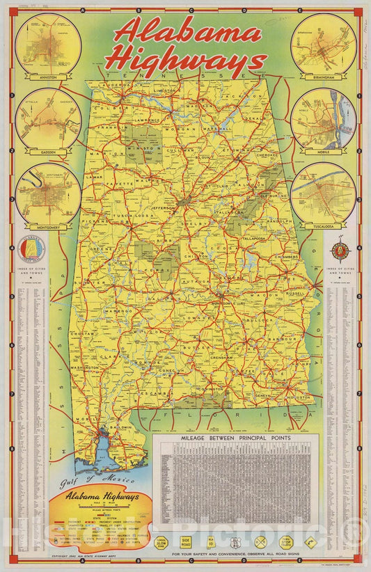Map : Alabama 1942, Alabama highways , Antique Vintage Reproduction