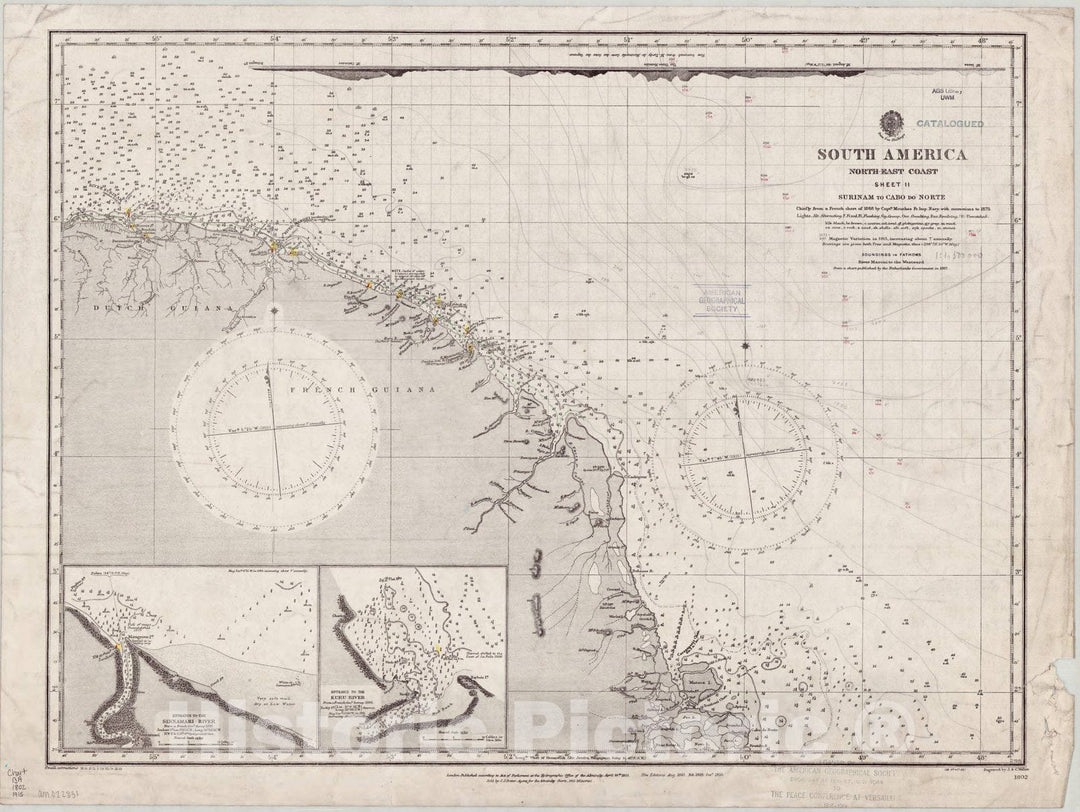Map : South America, north east coast 1915, South America, north east coast, sheet II, Surinam to Caro do Norte , Antique Vintage Reproduction