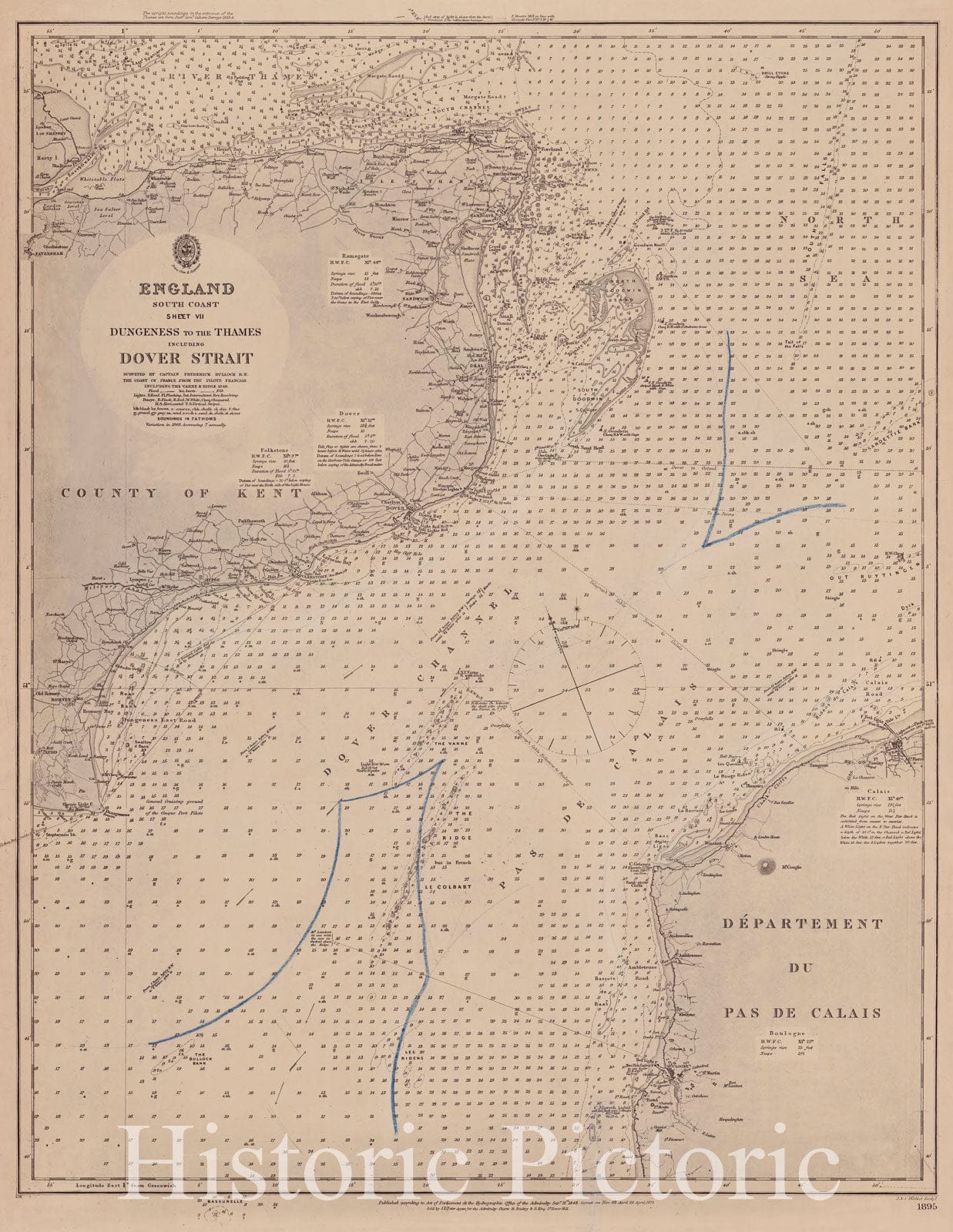 Map : England, south coast 1870, England, south coast, sheet VII, Dungeness to the Thames, including Dover Strait , Antique Vintage Reproduction