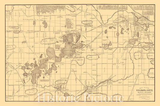 Map : Waupaca County, Wisconsin 1896, Map of the Chain-O'-Lakes, Waupaca, Wisconsin : a guide for those who, loving beauteous nature, Antique Vintage Reproduction