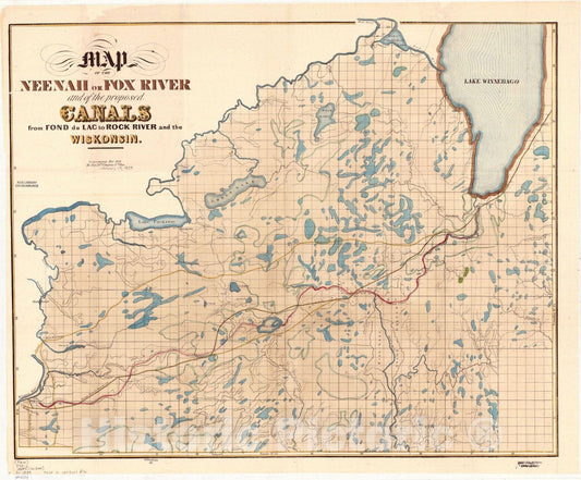 Map : Fox River, Wisconsin 1839, Map of the Neenah or Fox River and the proposed canals from Fond du Lac to Rock River and the Wiskonsin, Antique Vintage Reproduction