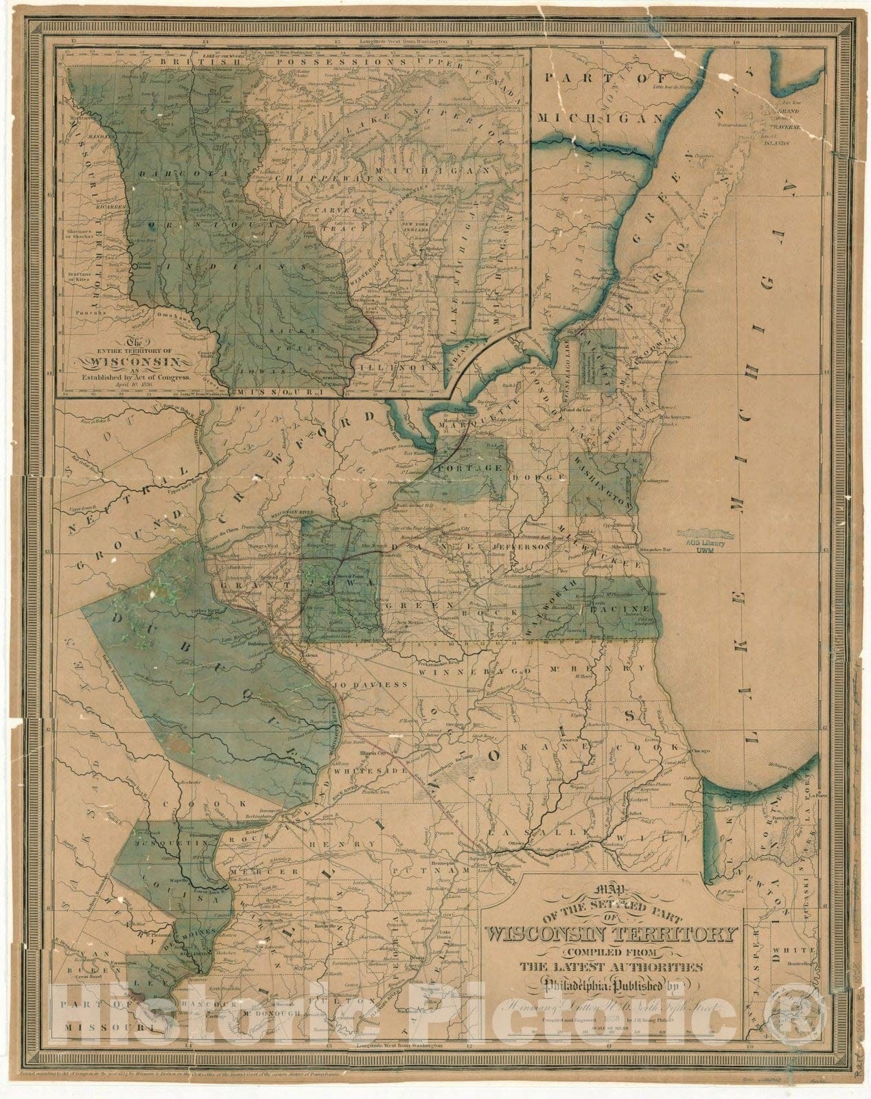 Map : Wisconsin 1838 1, Map of the settled part of Wisconsin Territory , Antique Vintage Reproduction