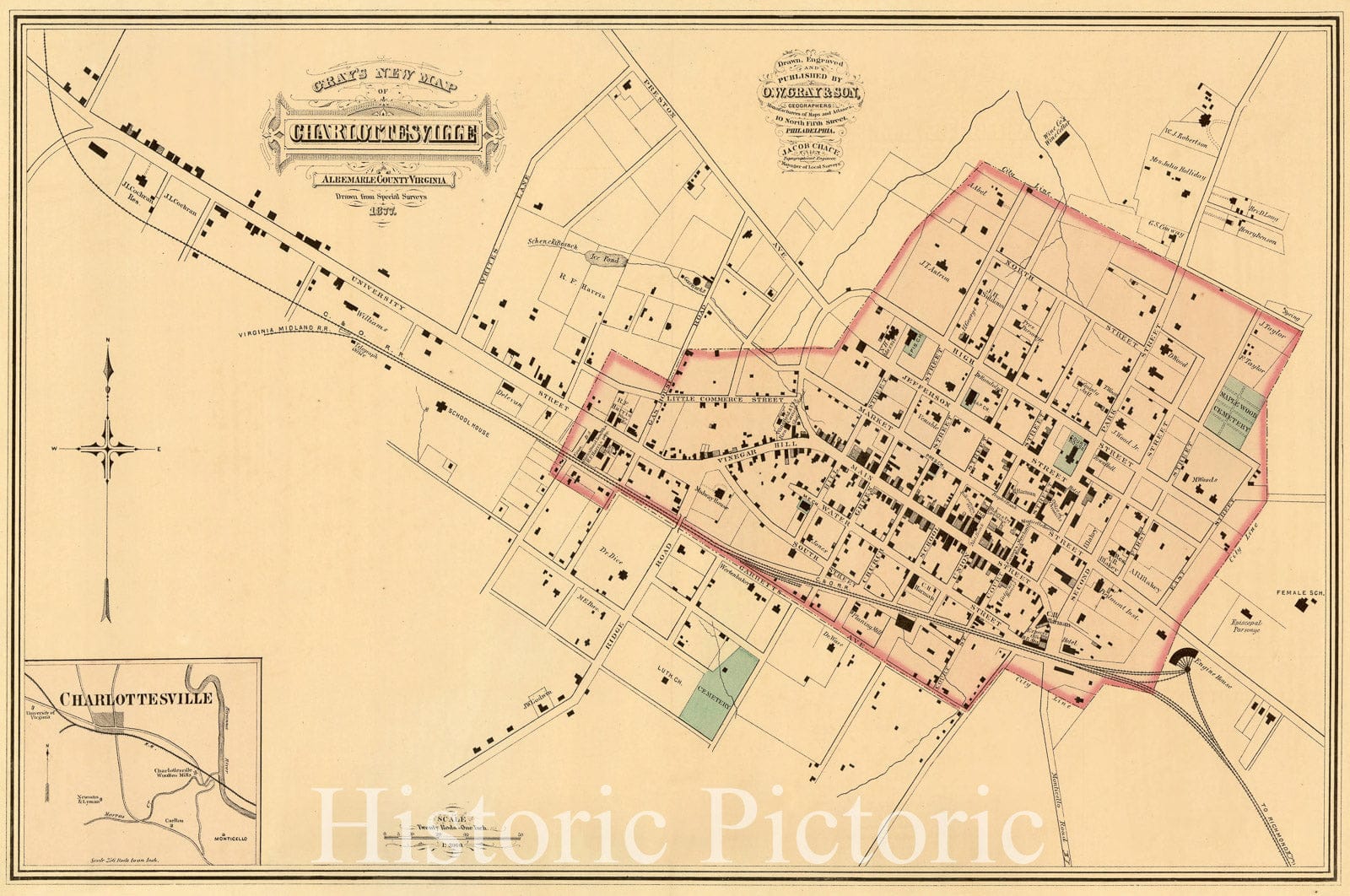 Map : Charlottesville, Virginia 1877, Gray's new map of Charlottesville, Albemarle County, Virginia , Antique Vintage Reproduction