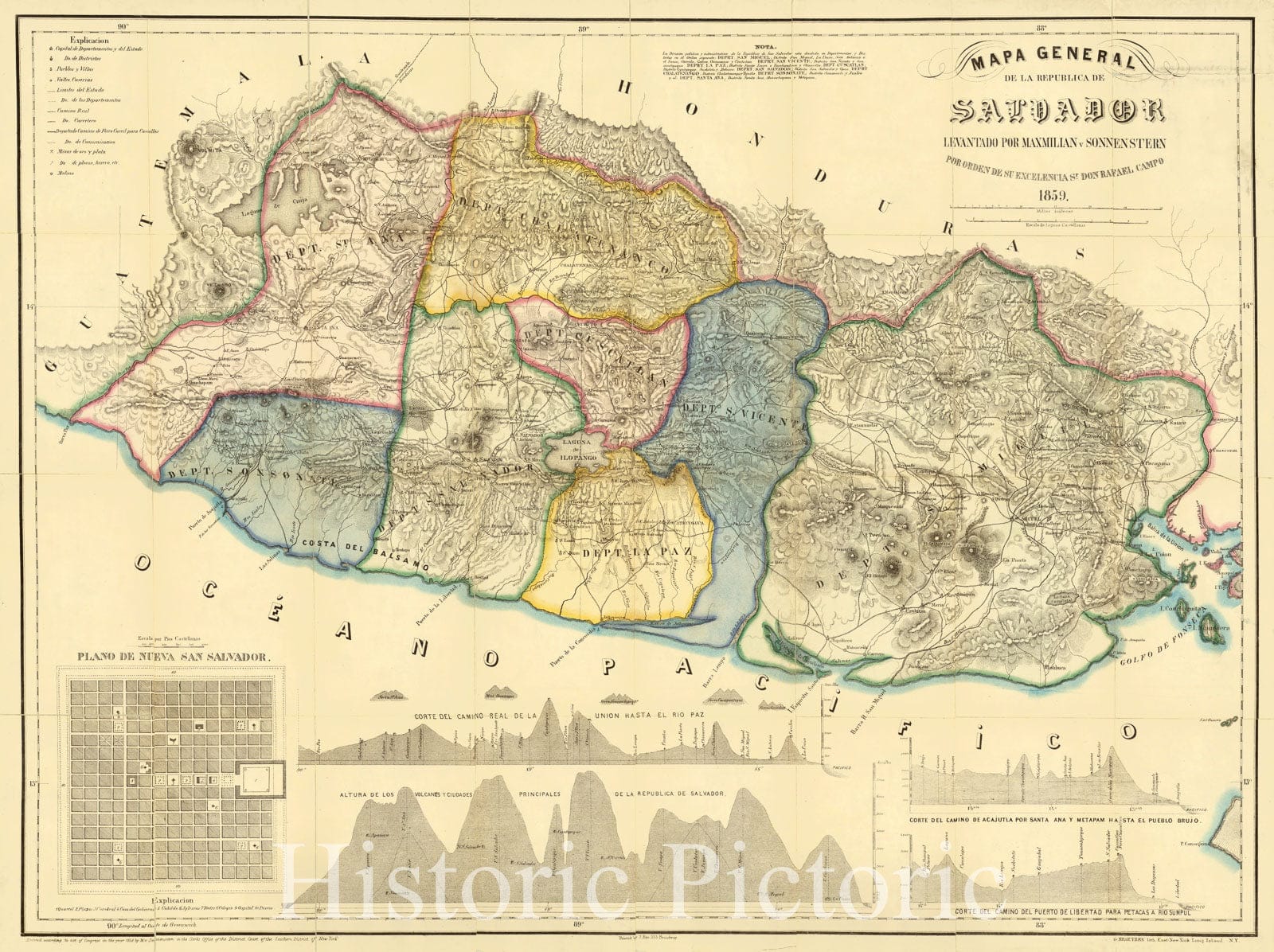 Map : El Salvador 1858, Mapa general de la republica de Salvador , Antique Vintage Reproduction