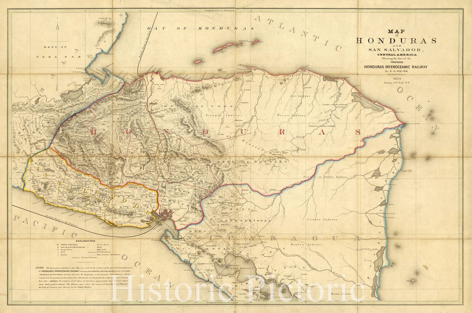 Map : Honduras 1854, Map of Honduras and San Salvador, Central America : showing the line of the proposed Honduras Interoceanic Railway , Antique Vintage Reproduction
