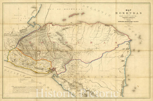 Map : Honduras 1854, Map of Honduras and San Salvador, Central America : showing the line of the proposed Honduras Interoceanic Railway , Antique Vintage Reproduction