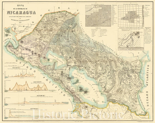 Map : Nicaragua 1858, Mapa general de la republica Nicaragua , Antique Vintage Reproduction