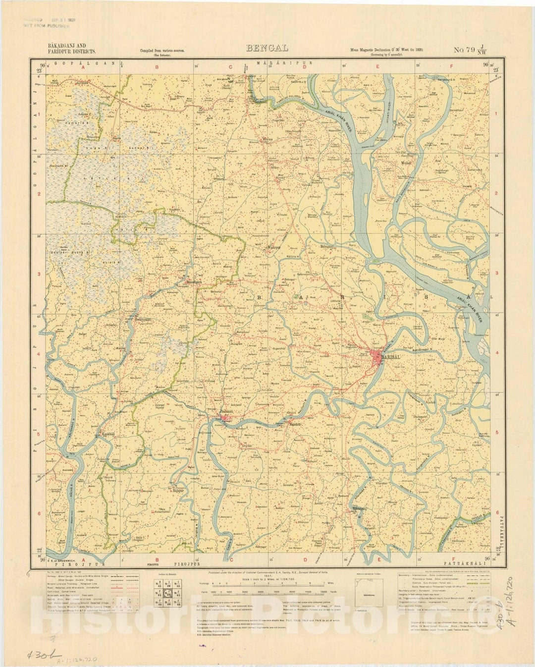 Map : Bakarganj and Faridpur Districts, Bengal, No. 79 J/N.W. 1927, India and adjacent countries, Antique Vintage Reproduction