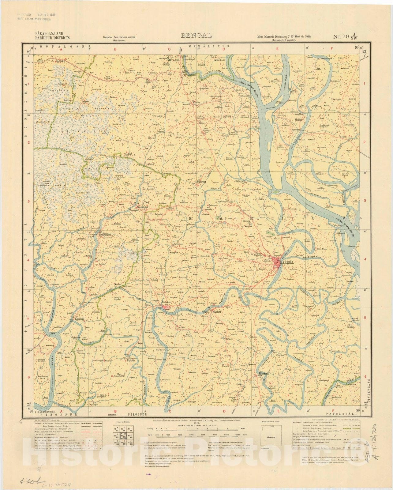 Map : Bakarganj and Faridpur Districts, Bengal, No. 79 J/N.W. 1927, India and adjacent countries, Antique Vintage Reproduction
