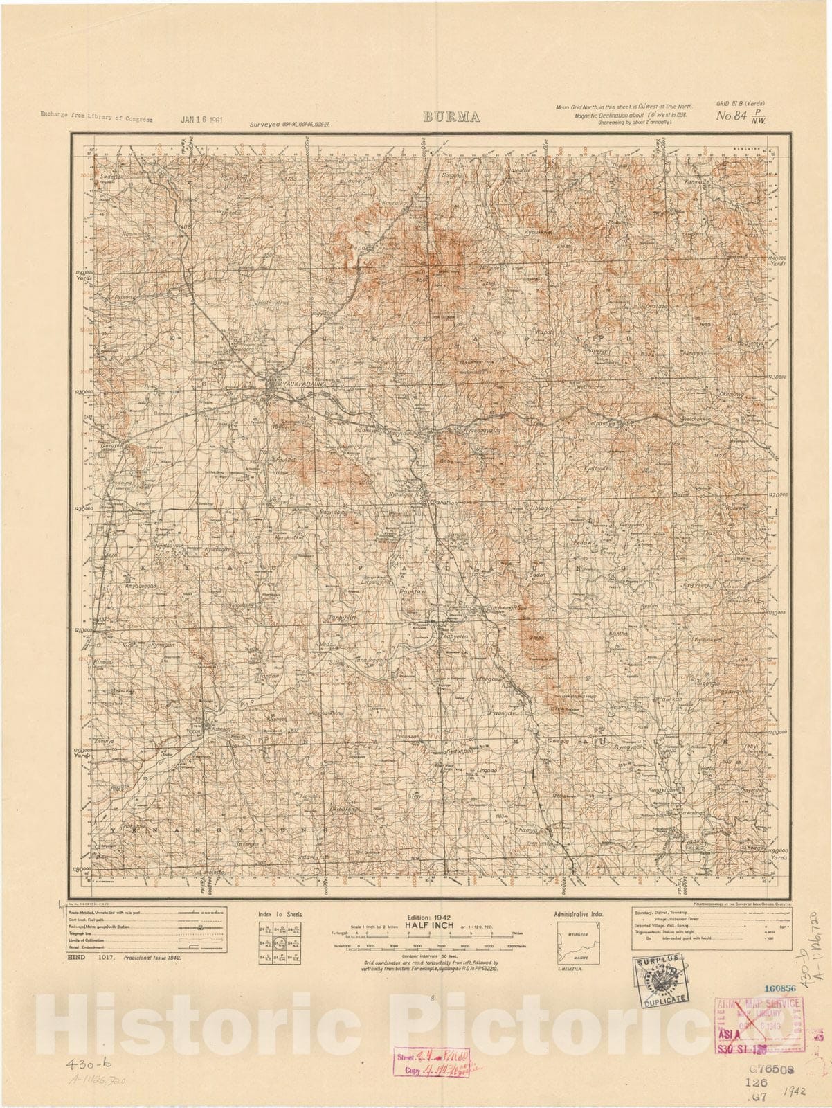 Map : Burma, No. 84 P/N.W. 1942, India and adjacent countries, Antique Vintage Reproduction