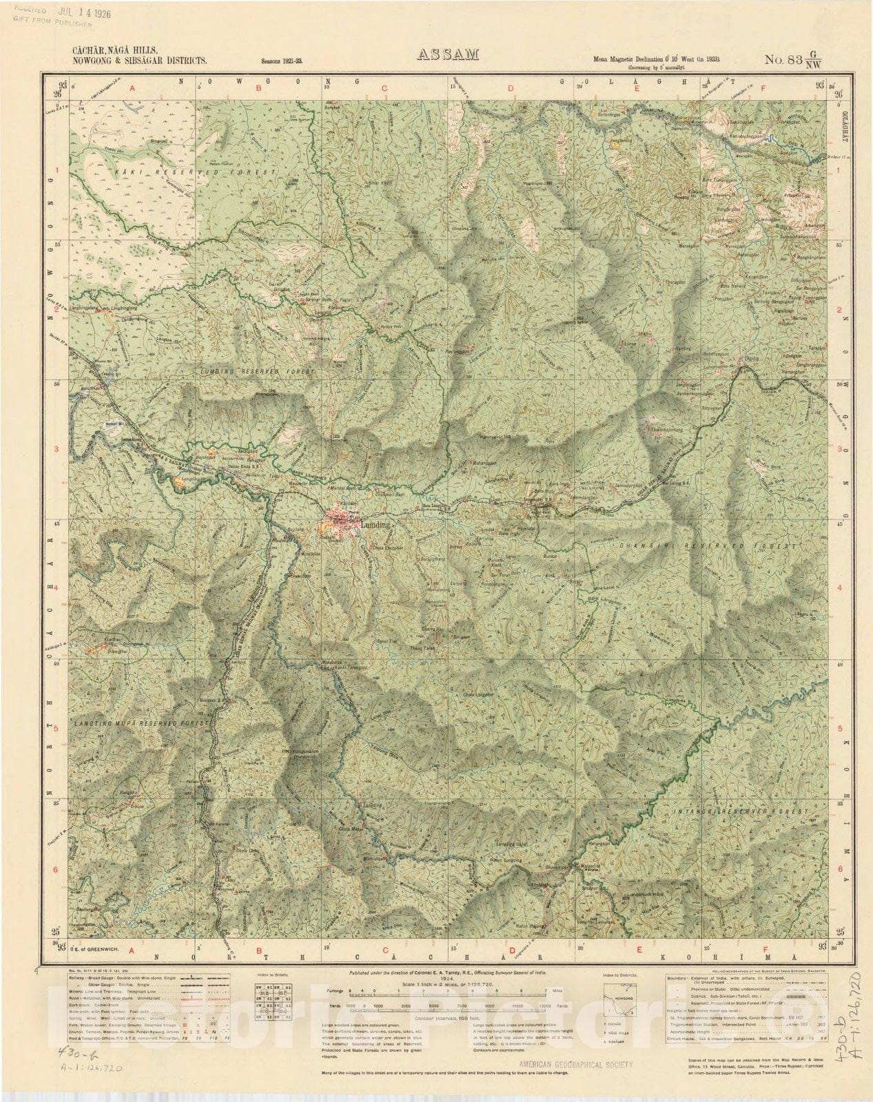 Map : Cachar, Naga Hills, Nowgong & Sibsagar Districts, Assam, No. 83 G/N.W. 1924, India and adjacent countries, Antique Vintage Reproduction