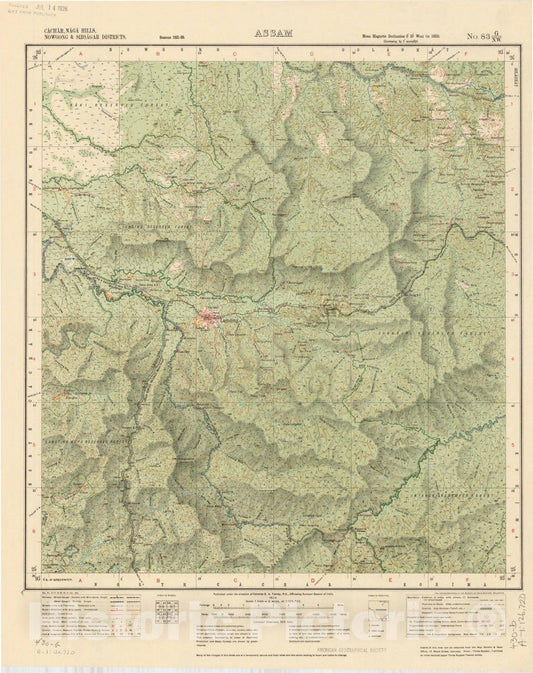Map : Cachar, Naga Hills, Nowgong & Sibsagar Districts, Assam, No. 83 G/N.W. 1924, India and adjacent countries, Antique Vintage Reproduction